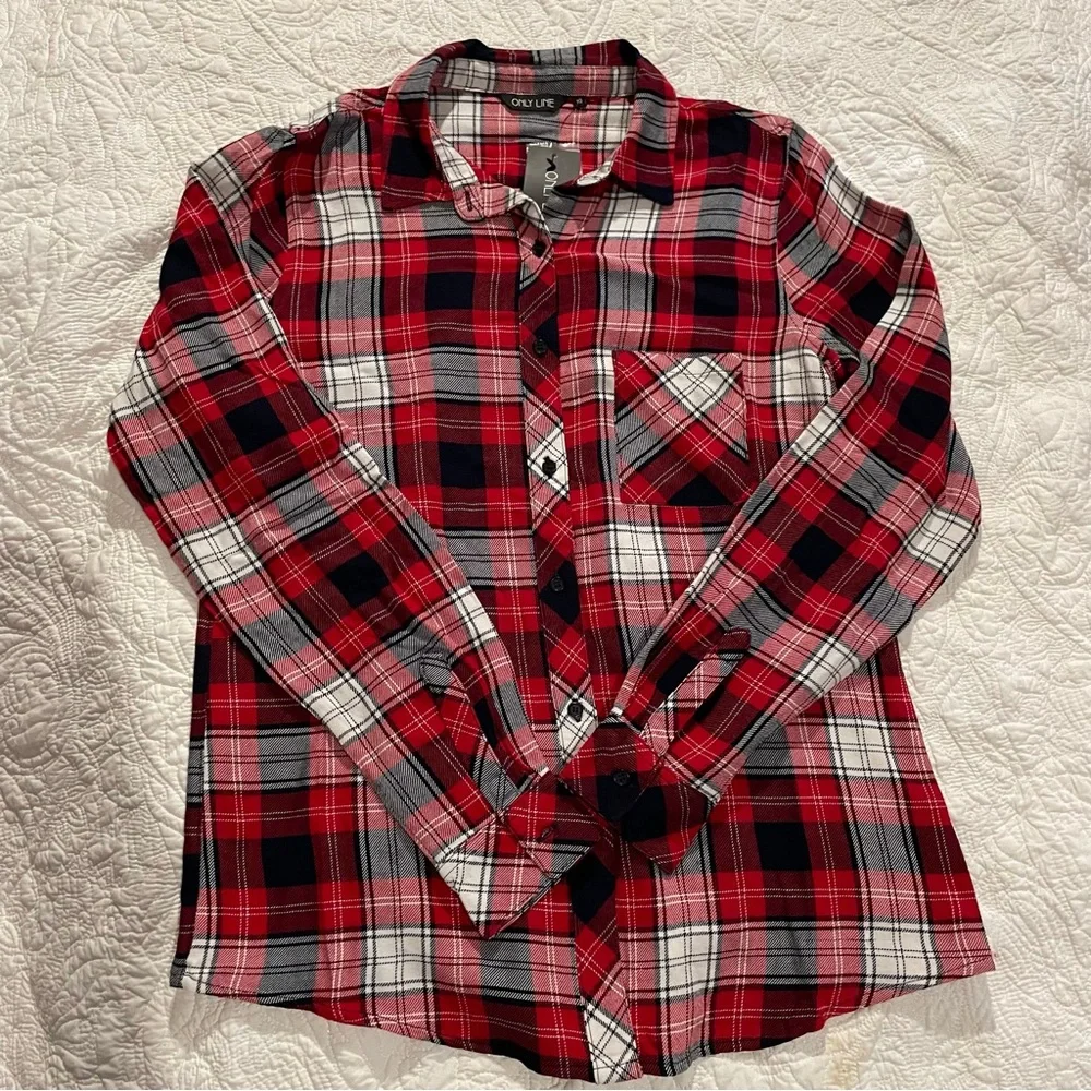 Only Line Red Plaid Women’s Shirt 10 Long Sleeve Button Down - Picture 1 of 12